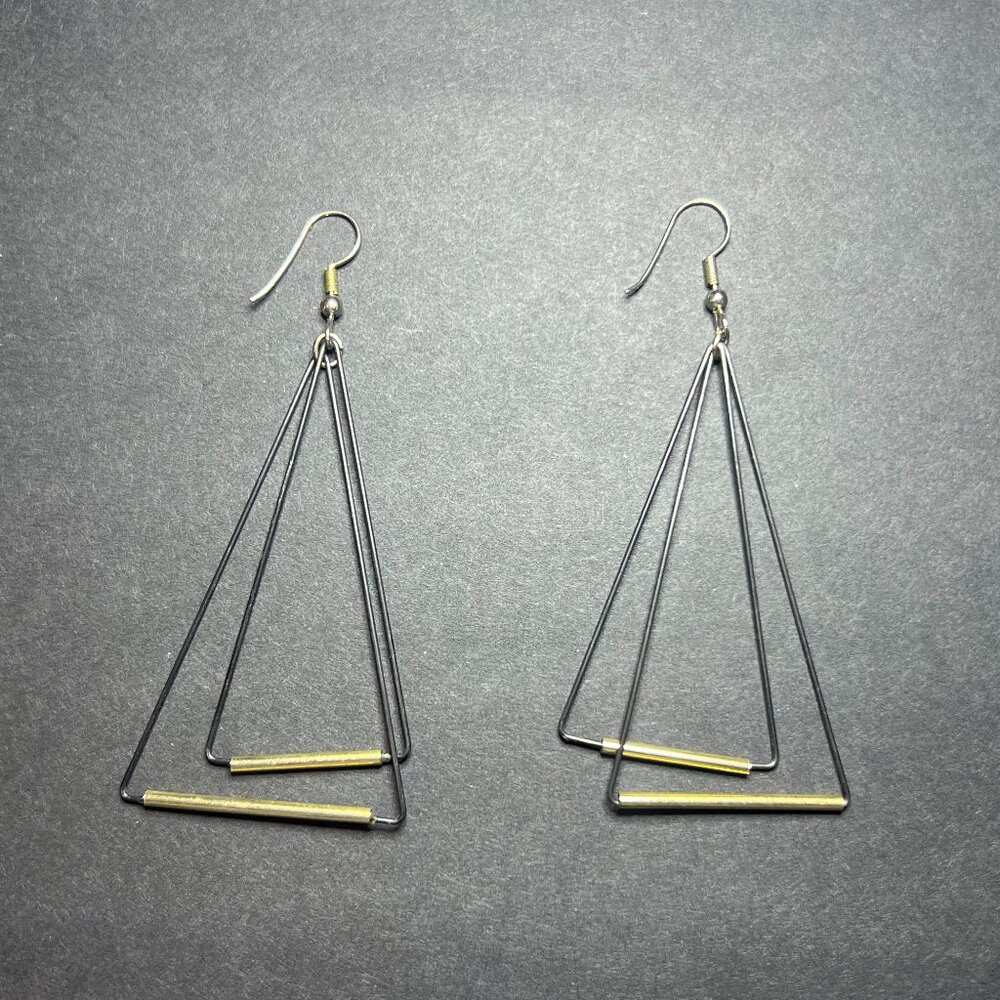 Boho Art Deco Black & Gold Tone Double Wired Triangle Dangle Drop Earrings 3.25"